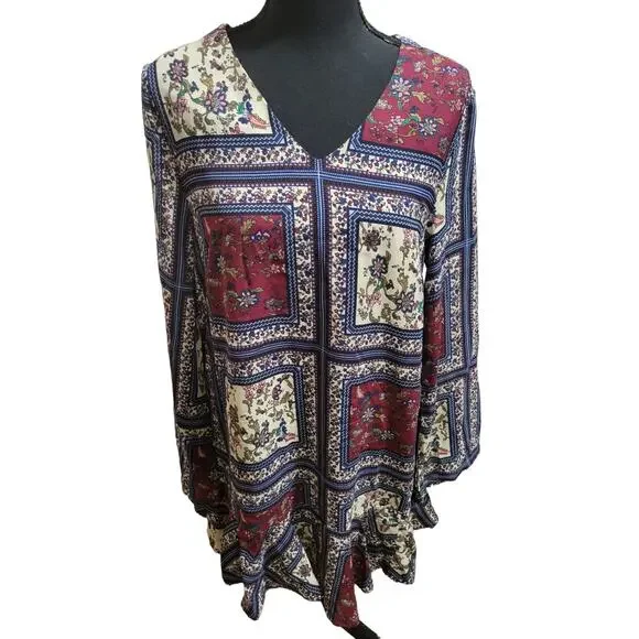 Lulu's Cream and Plum Multi Print Long Sleeve Shift Mini Dress, Sz S - NWT - Picture 2 of 13